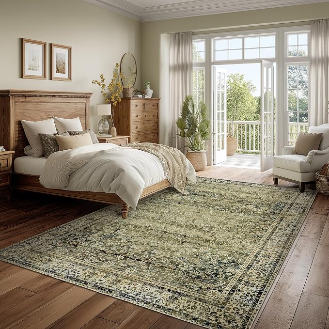 Olive and Tan Area Rugs Washable Rug for Living Room Bedroom Boho Farmhouse Floral Vintage Soft No Slip Extra Large Carpet for Dining Room 9x12