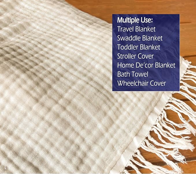 KyraHome 100% Organic Cotton Throw Blanket, 90"x90" Queen Muslin Blankets for Adults, Couch, Pre-Washed Breathable Lightweight Blanket, Coverlet, All Season (Shortbread/Creamy)