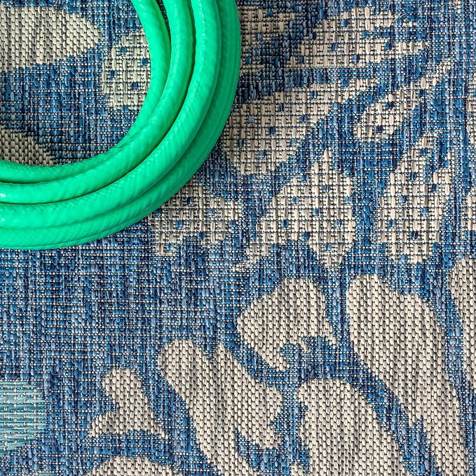 JONATHAN Y Floral Textured Weave Indoor Outdoor Runner Rug 2X14 Navy/Aqua, Zinnia Modern for Backyard, Patio, Porch, Easy-Cleaning, High Traffic, Pet-Friendly, Non-Shedding (SMB110C-214)