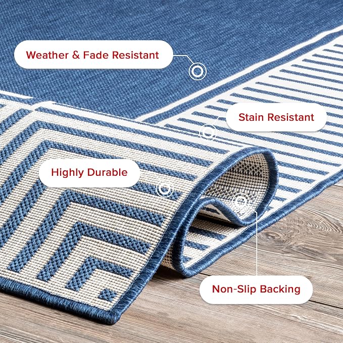 Nuloom Asha Navy/Ivory, 8' Square, Casual, Striped Border, Soft and Cozy, High Traffic, Easy Clean, Durable Area Rug for Indoor/Outdoor Patio, Deck, Porch, Garden, Courtyard