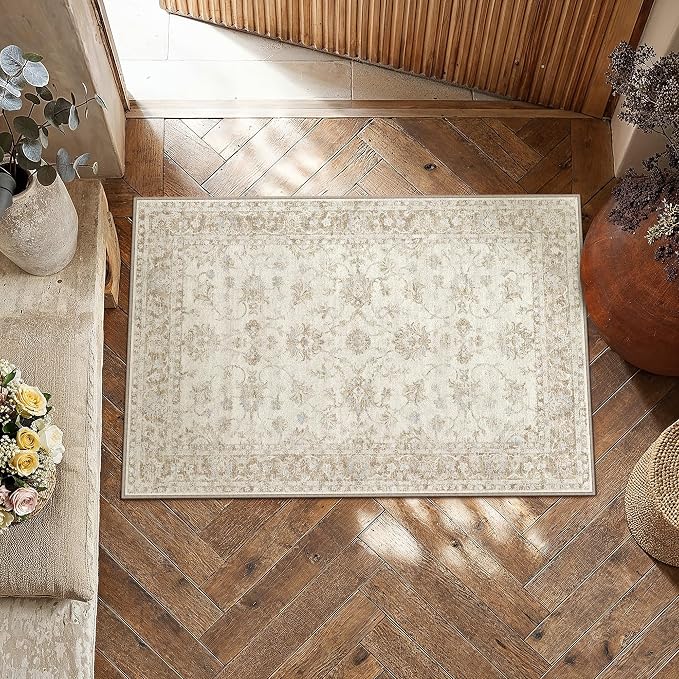 2x3 Washable Neutral Area Rug for Entryway Beige Floral Soft Non Slip Small Carpet Low Pile Distressed Door Mat for Entrance Bathroom Bedroom Indoor