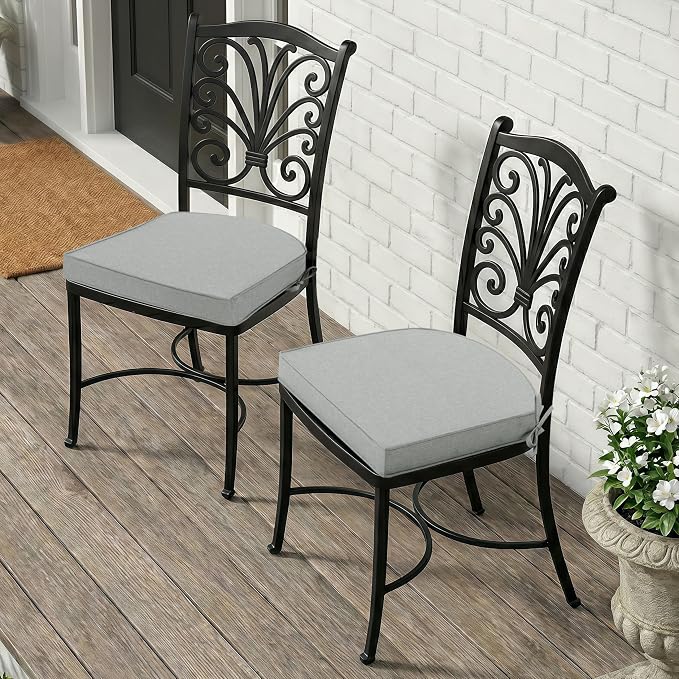 Outdoor Chair Cushions, Fade-Resistant & Water-Resistant, D Shaped Patio Furniture Seat Chair Pads Replacement with Ties, Non-Slip Bottom, Removable Cover, Set of 2, 18.5 x 16 Inch, Light Grey