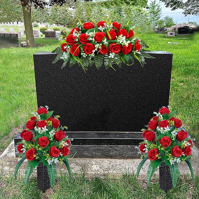 DONODA 2 Sets of Artificial Cemetery Flowers， Outdoor Grave Decorations Roses，Accompanied by 2 Long Nail Vases，Lasting and Non-Bleed Colors. (18 Heads (red))