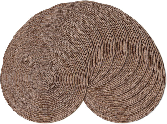 Leetaltree Round Placemats Heat and Slip Resistant Cotton Table Mats, Washable Bohemian Placemats for Dining Tables (Brown, Set of 12)