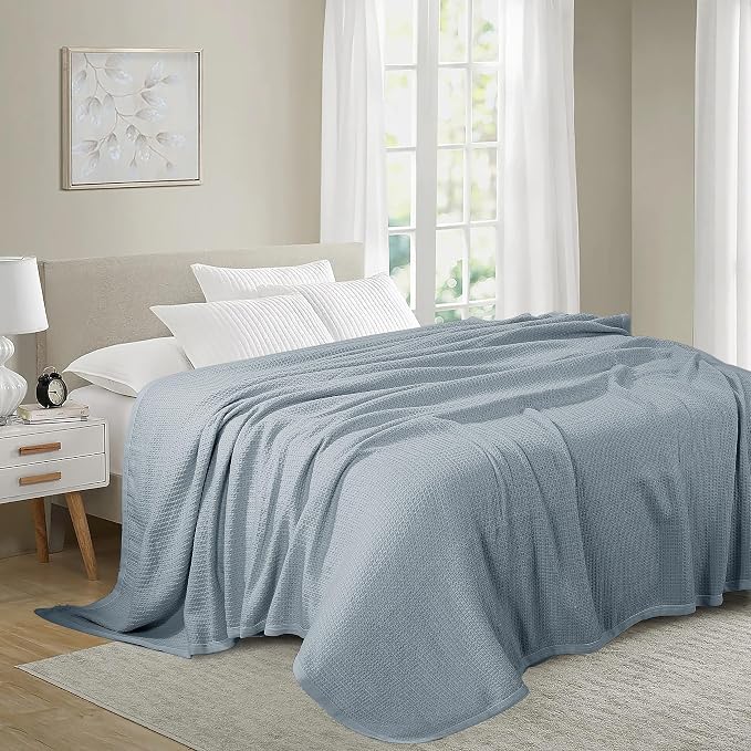 TreeWool Premium 100% Cotton Waffle Queen Blanket (90"x90", Silver Gray) | Breathable Lightweight Moisture Wicking Soft Knit Thermal Blanket for Summer, Bed or Sofa All-season Comfort Machine Washable
