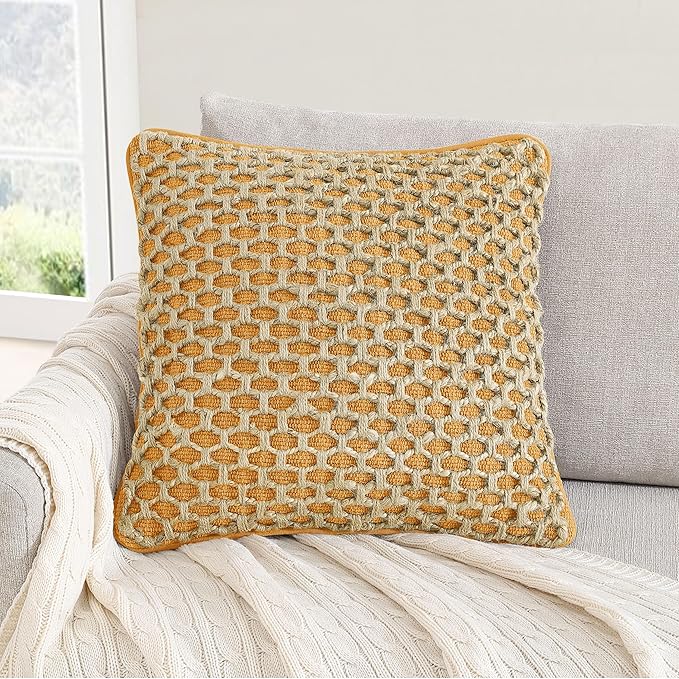 Boho Living Jada Premium Woven Design, Decorative Throw, Living Room Décor, (1) 20" x 20" Pillow Cover with Insert, Mustard Yellow