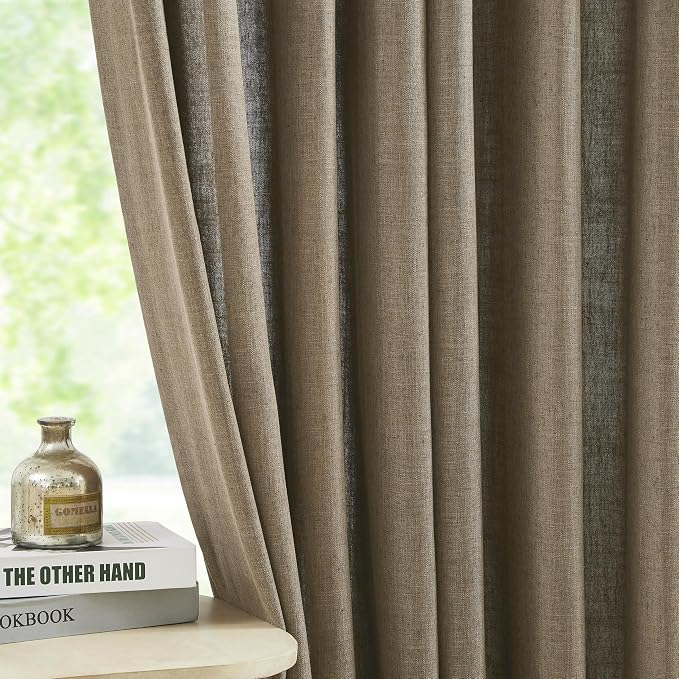 Central Park Café Brown Pinch Pleat Light Filtering Curtain Panel with Microfiber Liner 108 Inches for Living Room, Linen Blended Window Treatment Drape for Bedroom with Back Tabs Hooks, 40"Wx108"Lx2