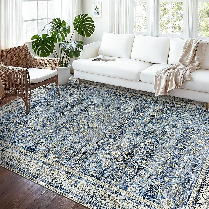 BILEEHOME Dark Blue 5x8 Area Rug for Bedroom Neutral Boho Vintage Floral Design Washable No Slip Soft Rugs for Living Room Home Office Blue Low Pile Dining Room Carpet for Under Table 5 x 8