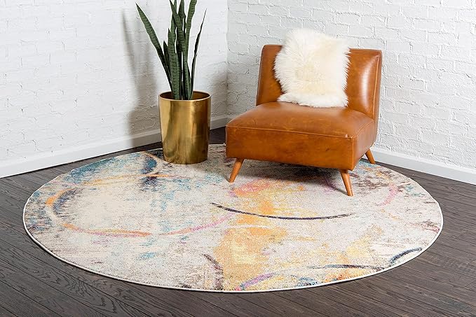 Unique Loom Chromatic Collection Modern Rustic & Vibrant Abstract Area Rug For Any Home Décor (8' 0 x 8' 0 Round, Beige/ Blue)
