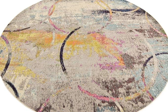 Unique Loom Chromatic Collection Modern Rustic & Vibrant Abstract Area Rug For Any Home Décor (8' 0 x 8' 0 Round, Beige/ Blue)