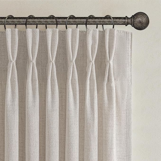 Greyish Brown Pinch Pleat Extra Wide Sheer Curtains 70 x 90 Inches Long for Bedroom, Memory Shape Natural Linen Rustic Ceiling Track Curtain Light Filtering Windows Drapes 2 Panels Set with Back Tab