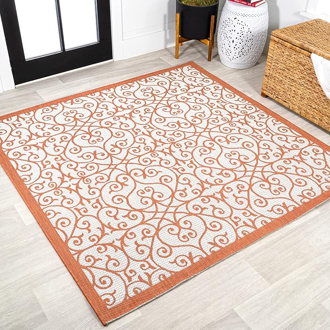 JONATHAN Y Vintage Filigree Indoor Outdoor Square Area Rug 5X5 Cream/Orange, Madrid Textured Weave for Backyard, Patio, Porch, Easy-Cleaning, High Traffic, Pet-Friendly, Non-Shedding (SMB107L-5SQ)