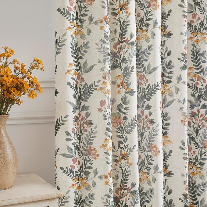 Kayne Studio Leaf Floral Pinch Pleated Window Curtains Light Filtering Panels with Liner 90 inch Linen Blended Textured Privacy Drapes for Living Room Bedroom Back Tabs Hooks, Green & Yellow, 2 Panels