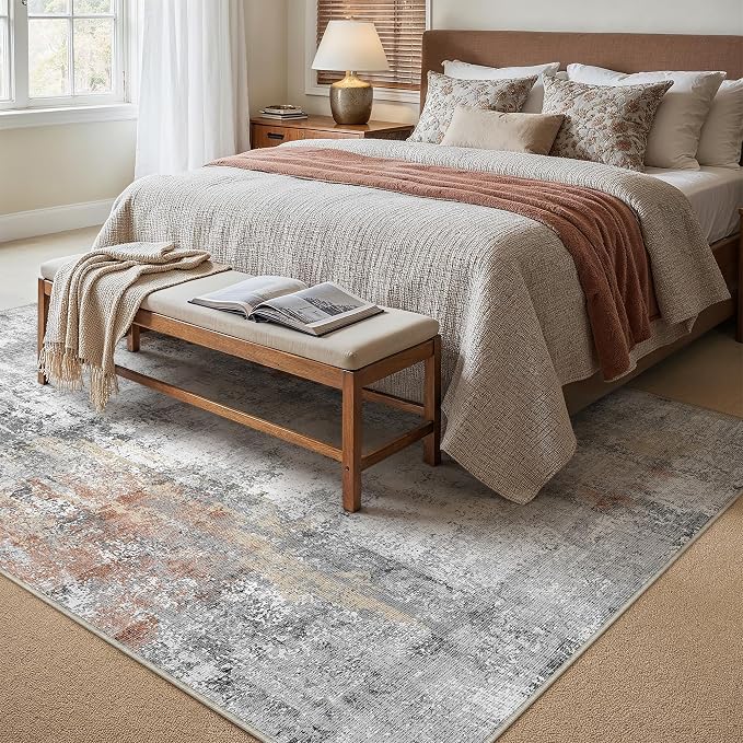 10x14 Washable Area Rug Rust Grey Abstract Non Slip Soft Low Pile Rug for Living Room Bedroom Dining Room Office Neutral Modern Indoor Large Throw Carpet for Home Decor