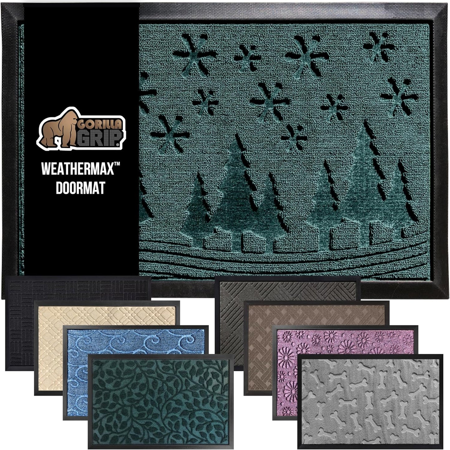 GORILLA GRIP 100% Waterproof All-Season WeatherMax Doormat 35x23, US Designed Natural Rubber, Stain and Fade Resistant, Low Profile Indoor Outdoor Door Mats, Easy Clean Patio Mat, Green Snowscape