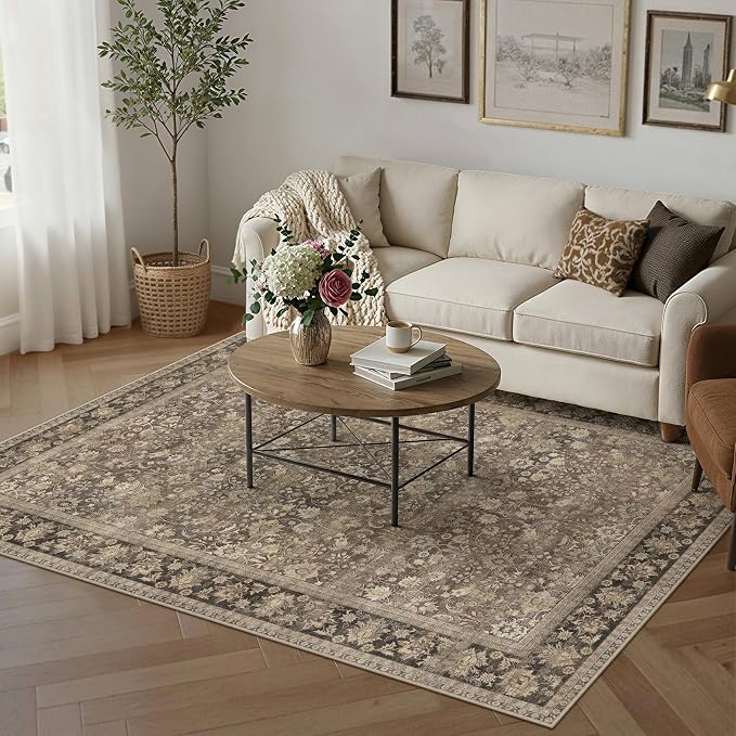 HUGEAR 5x7 Machine Washable Rugs Brown Hallway Area Rug Indoor Accent Rug Floral Low Pile Carpet Soft Throw Aesthetic Rug Bedroom Living Room Office Dining Room Kitchen Laundry Room Non Slip