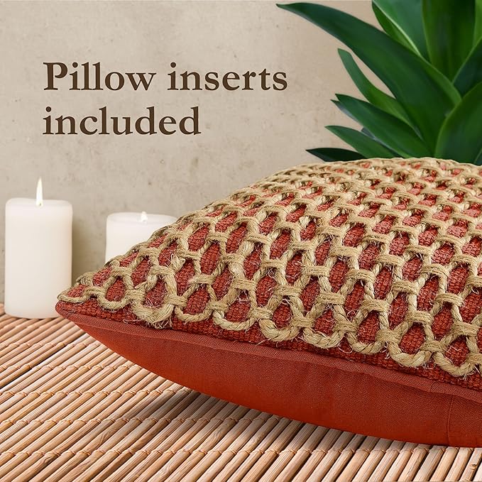 Boho Living Jada Premium Woven Design, Decorative Throw, Living Room Décor, (2) 20" x 20" Pillow Covers with Insert, Rust 2 Count