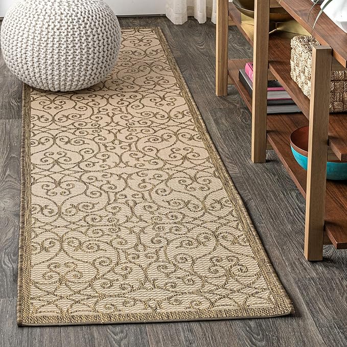 JONATHAN Y Vintage Filigree Indoor Outdoor Runner Rug 2X10 Beige/Brown, Madrid Textured Weave for Backyard, Patio, Porch, Easy-Cleaning, High Traffic, Pet-Friendly, Non-Shedding (SMB107B-210)