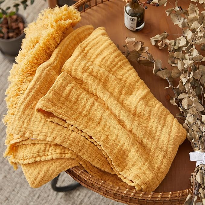 FALUCA Cotton Muslin Throw Blanket 50x60 Inches for Bed, Couch, Knit Woven Gauze Blanket, Soft Lightweight Cozy Breathable Farmhouse Decoration for All-Season, Mustard Yellow