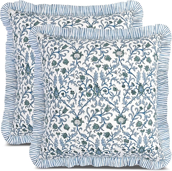 CPC Ocean Vine Hand Block Print 100% Cotton Ruffle Throw Pillow Cover 20x20 inch with Hidden Zipper Decorative for Couch, Bed, Sofa, Farmhouse, Cottagecore Decor Gift Christmas Fall Thanksgiving