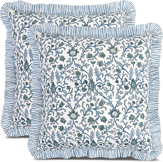 CPC Ocean Vine Hand Block Print 100% Cotton Ruffle Throw Pillow Cover 24x24 inch with Hidden Zipper Decorative for Couch, Bed, Sofa, Farmhouse, Cottagecore Decor Gift Christmas Fall Thanksgiving