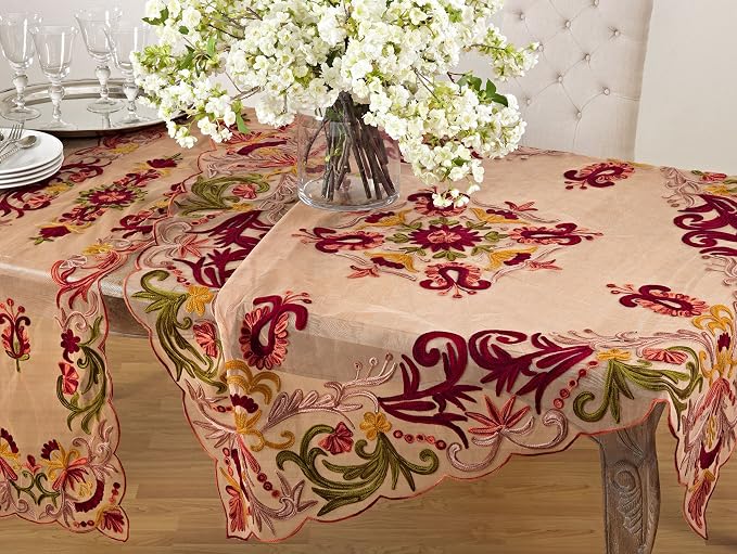 SARO LIFESTYLE AN01.M72S Alessandra Collection Embroidered Tablecloth, Multi, 72"
