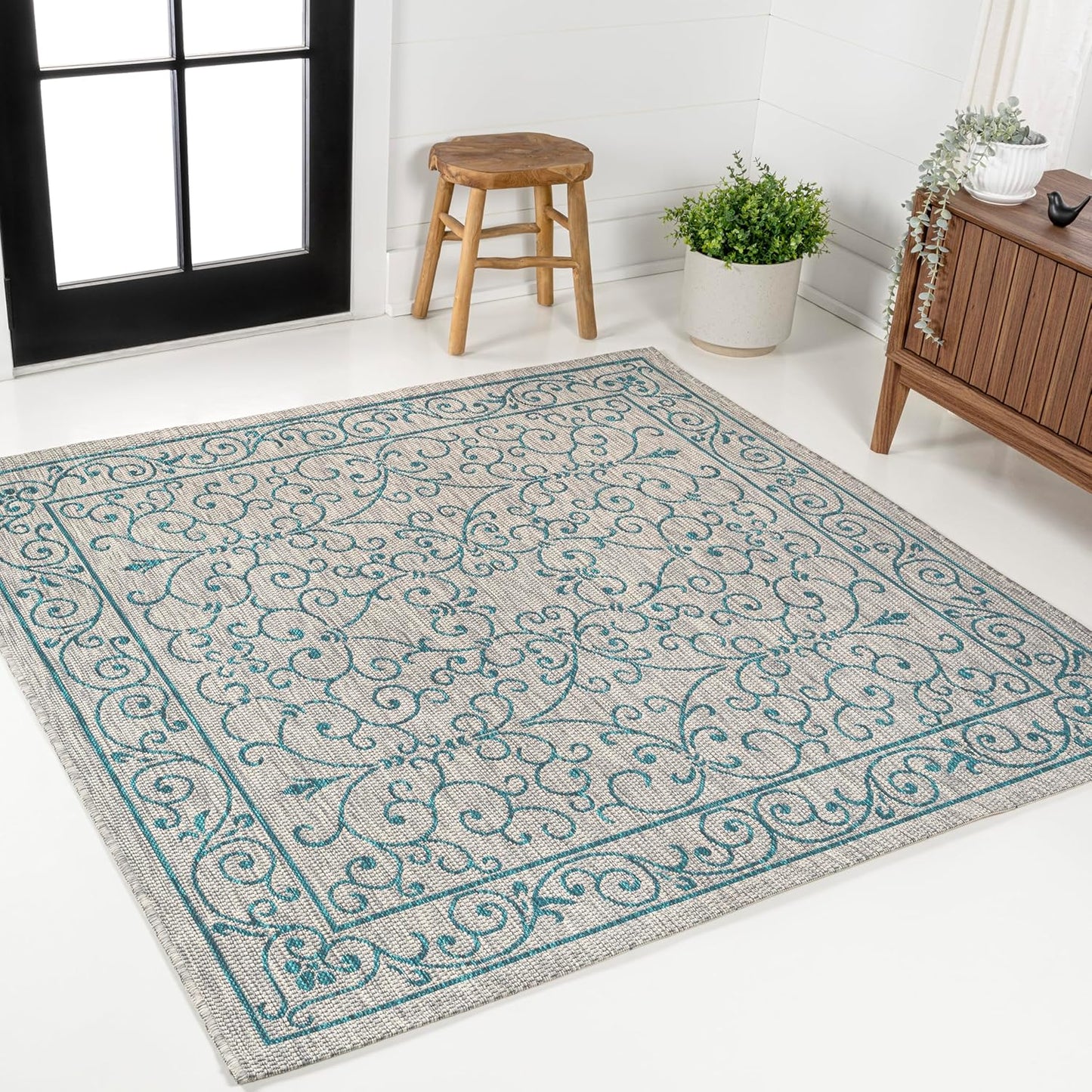 JONATHAN Y Vintage Filigree Indoor Outdoor Square Area Rug 8X8 Gray/Teal, Charleston Textured Weave for Backyard, Patio, Porch, Easy-Cleaning, High Traffic, Pet-Friendly, Non-Shedding (SMB106E-8SQ)
