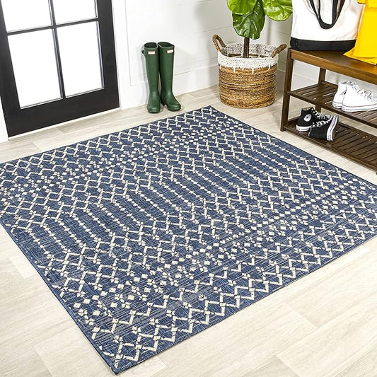 JONATHAN Y Moroccan Geometric Indoor Outdoor Square Area Rug 8X8 Navy/Beige, Ourika Textured Weave for Backyard, Patio, Porch, Easy-Cleaning, High Traffic, Pet-Friendly, Non-Shedding (SMB108K-8SQ)