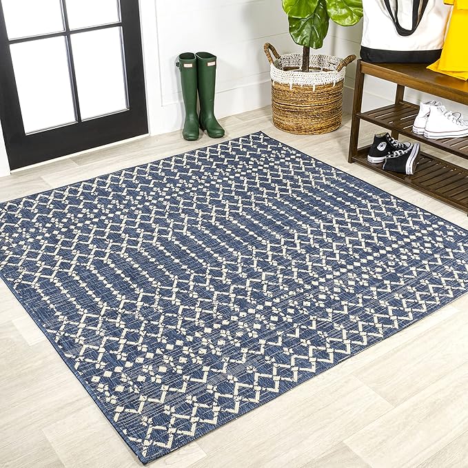 JONATHAN Y Moroccan Geometric Indoor Outdoor Square Area Rug 4X4 Navy/Beige, Ourika Textured Weave for Backyard, Patio, Porch, Easy-Cleaning, High Traffic, Pet-Friendly, Non-Shedding (SMB108K-4SQ)