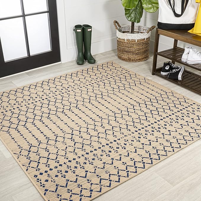 JONATHAN Y Moroccan Geometric Indoor Outdoor Square Area Rug 8X8 Beige/Navy, Ourika Textured Weave for Backyard, Patio, Porch, Easy-Cleaning, High Traffic, Pet-Friendly, Non-Shedding (SMB108H-8SQ)