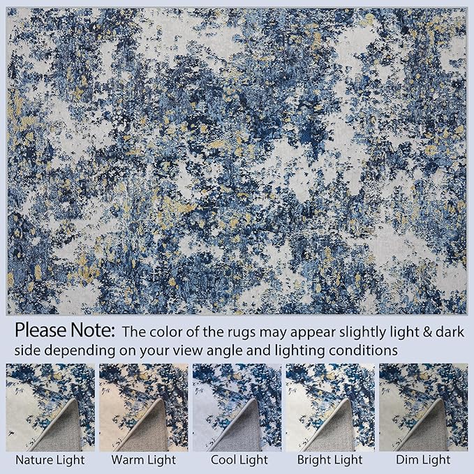 10x14 Area Rugs Living Room Rugs: Large Washable Rug with Anti-Slip Backing Non-Shedding Stain-Resistant Soft Abstract Carpet for Bedroom Dining Room Nursery Home Office-Blue/Multi