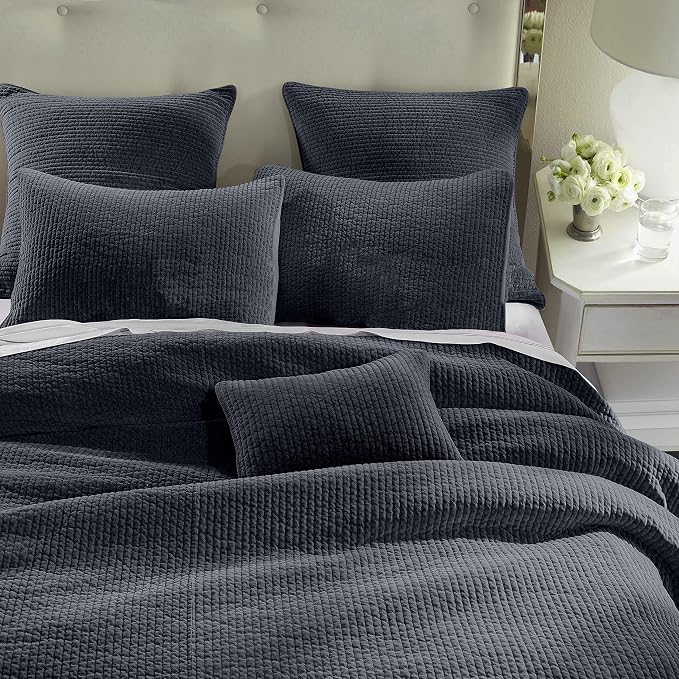 HiEnd Accents Stonewashed Velvet Quilted Euro Sham, 27x27 inch, Navy Solid Color, Classic Traditional Rustic Style Luxury Bedding