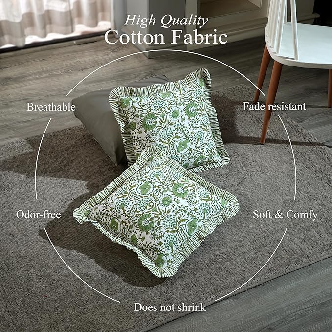 CPC Block Print Ruffle Throw Cover Agate Green 24"x24" Inch Pack of 2-100% Cotton Ruffle Couch Decorative Boho Pillows Case for Living Room, Bedroom, Sofa, Farmhouse Gift for Spring, Mother's Day