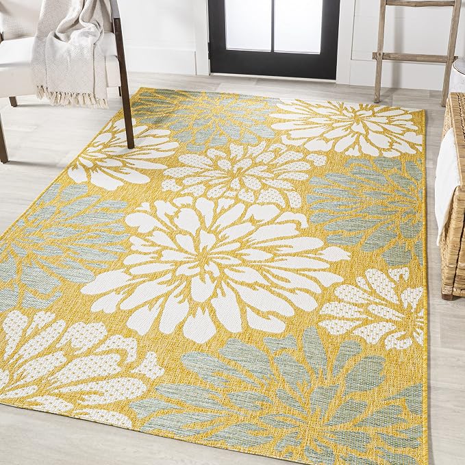 JONATHAN Y Floral Textured Weave Indoor Outdoor Area Rug 8X10 Yellow/Cream, Zinnia Modern for Backyard, Patio, Porch, Easy-Cleaning, High Traffic, Pet-Friendly, Non-Shedding (SMB110G-8)