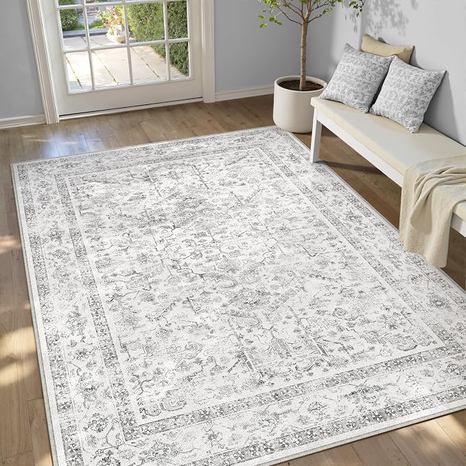 PureCozy Grey 6x9 Area Rug Vintage Washable Living Room Carpet Non Slip Bedroom Indoor Office Low Pile Large Traditional Distressed Retro Accent Rug for Dining Room Bathroom Kitchen