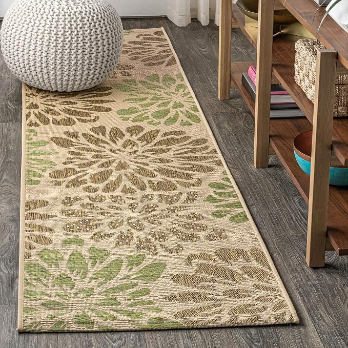 JONATHAN Y Floral Textured Weave Indoor Outdoor Runner Rug 2X10 Sage/Brown, Zinnia Modern for Backyard, Patio, Porch, Easy-Cleaning, High Traffic, Pet-Friendly, Non-Shedding (SMB110A-210)