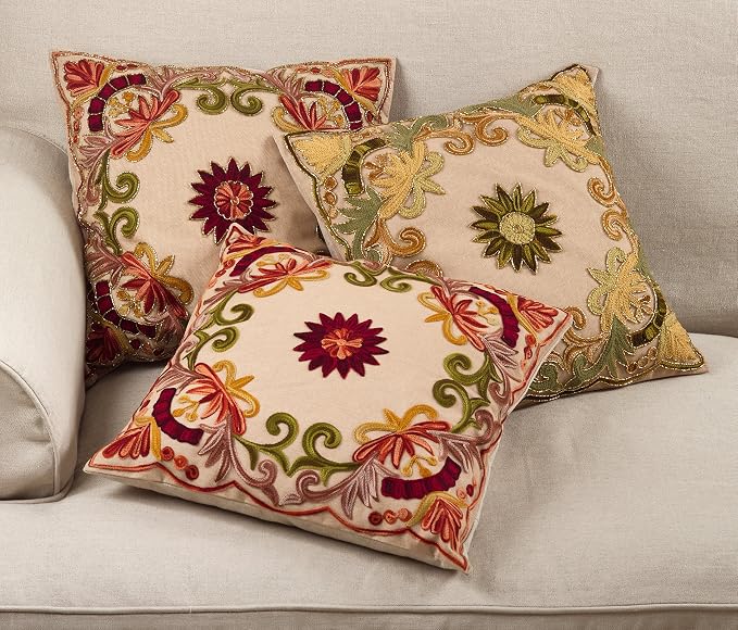 SARO LIFESTYLE Embroidered Floral Design Beaded Cotton Poly Filled Throw Pillow, 18", Green