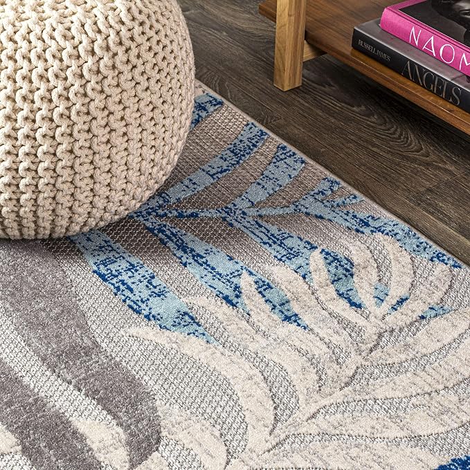 JONATHAN Y Tropics Palm Leaves Indoor Outdoor Area Rug 8X10 Gray/Blue | Ships Rolled, Durable Flat Weave, Lays Flat for Backyard, Patio, Porch, Easy-Cleaning, High Traffic,Pet-Friendly,Non-Shedding
