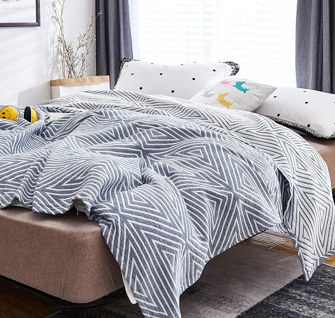 MEJU Blue Striped Checks Triange Muslin Reversible Throw Blanket for Bed Sofa Couch 100% Combed Cotton 3 Layer Soft Warm Quick Dry Throw Blanket Bedspread Bed Coverlet Sheet Full Queen 80 in X 90 in