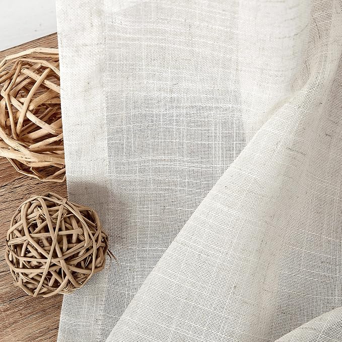 Vision Home Natural Pinch Pleated Sheer Curtains 95 inches Soft Linen Blended Farmhouse Rustic Light Filtering Panels,Window Treatment Drapes with Hooks & Back Tab for Living Room Bedroom, 60"Wx95"Lx2