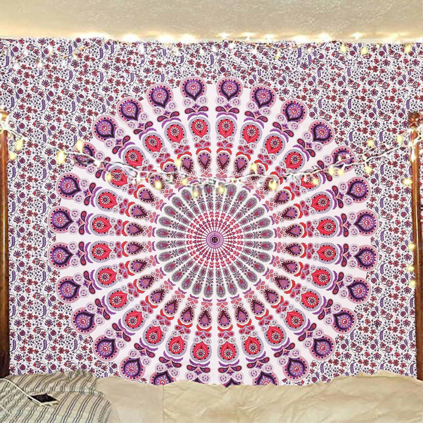 Bless International Handmade Indian hippie Bohemian Psychedelic Peacock Mandala Wall hanging College Dorm Beach Throws Table Cloth Bedding Tapestry (Pink Blue, King(88x104Inches)(225x265Cms))