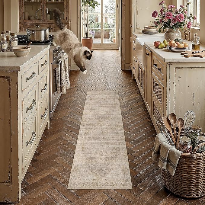 2x5 Washable Neutral Runner Rug Beige Vintage Hallway Kitchen Carpet Non-Slip Soft Low Pile Oriental Throw Rug for Bedroom Bathroom Laundry Living Room
