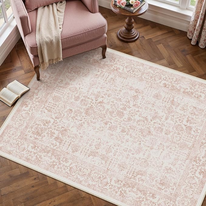 PureCozy Pink Area Rug 3x4 Office Entryway Rug Machine Washable Kitchen Vintage Distressed Non Slip Carpet Indoor Retro Floral Accent Throw Door Mat for Bathroom Bedroom Dining Living Room