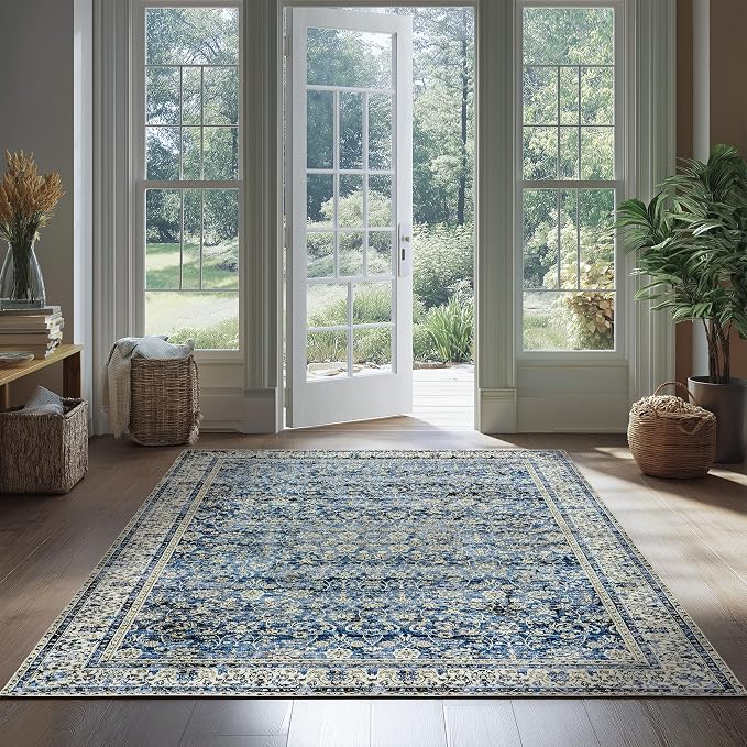 Machine Washable Area Rugs 4x6 Blue Low Pile Soft Carpet for Dining Room Vintage Floral Distressed Style Dark Blue 4 by 6 Rug for Living Room Home Office Small Throw Rug for Bedroom