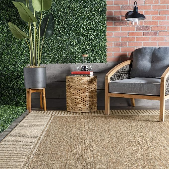 Nuloom Asha Light Brown/Ivory, 6'7" x 9', Casual, Striped Border, Soft and Cozy, High Traffic, Easy Clean, Durable Area Rug for Indoor/Outdoor Patio, Deck, Porch, Garden, Courtyard