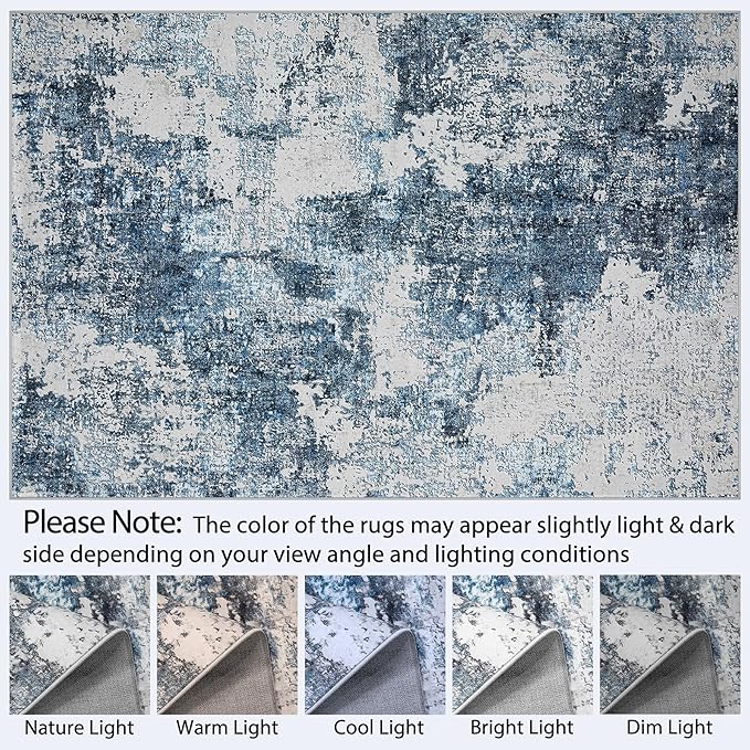 8x10 Area Rug for Living Room Bedroom: Large Washable Rug with Anti-Slip Backing Non-Shedding Stain-Resistant Soft Abstract Carpet for Dining Room Nursery Home Office (Blue)