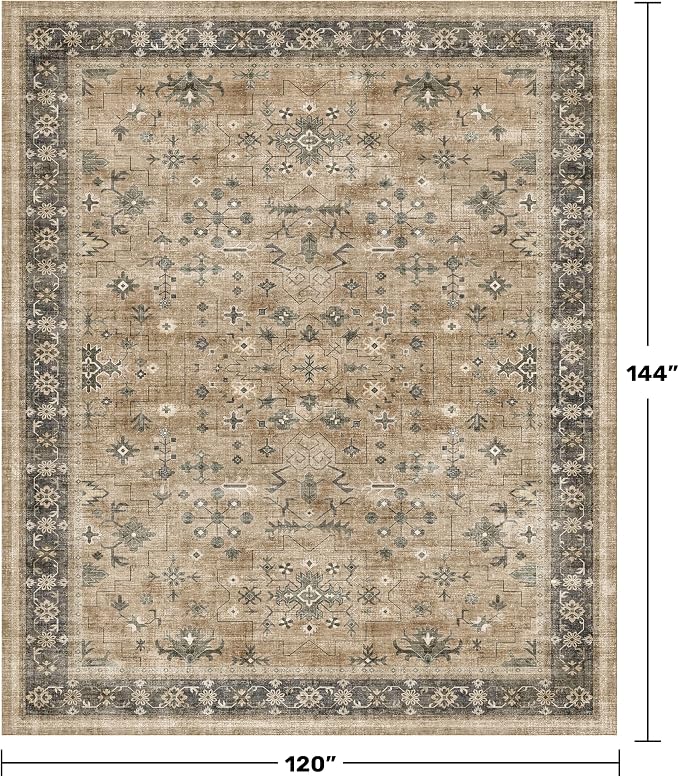 Vintage Taupe Sage 10x12 Rug for Living Room - Washable Dining Room Rugs for Under Table, Low Pile Non-Slip Carpet for Bedroom - Natural Earthy & Boho Eclectic Home Decor