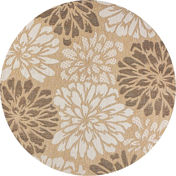 JONATHAN Y Floral Textured Weave Indoor Outdoor Round Area Rug 4 Ft Brown/Cream, Zinnia Modern for Backyard, Patio, Porch, Easy-Cleaning, High Traffic, Pet-Friendly, Non-Shedding (SMB110I-4R)