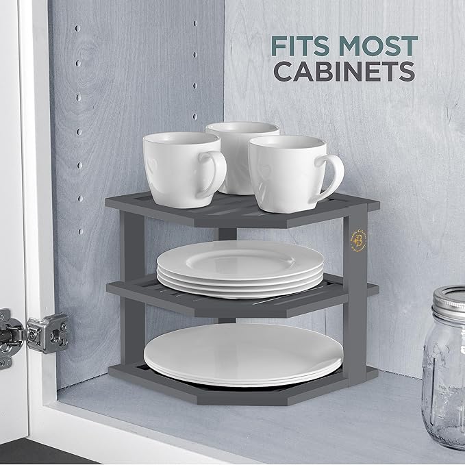 Bambüsi Plate Organizer for Cabinet - Corner Cabinet Organizer and Kitchen Cabinet Organizer Shelf, Kitchen Countertop Organizer for Plates, Dishes and Bowls, Space Saving Corner Rack, Grey