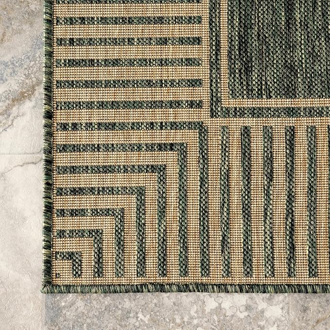 Nuloom Asha Green/Brown, 4' x 6', Casual, Striped Border, Soft and Cozy, High Traffic, Easy Clean, Durable Area Rug for Indoor/Outdoor Patio, Deck, Porch, Garden, Courtyard